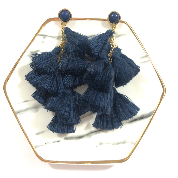 Terra Tiered Tassel Navy Blue Boutique Earring - Picture 6 of 7